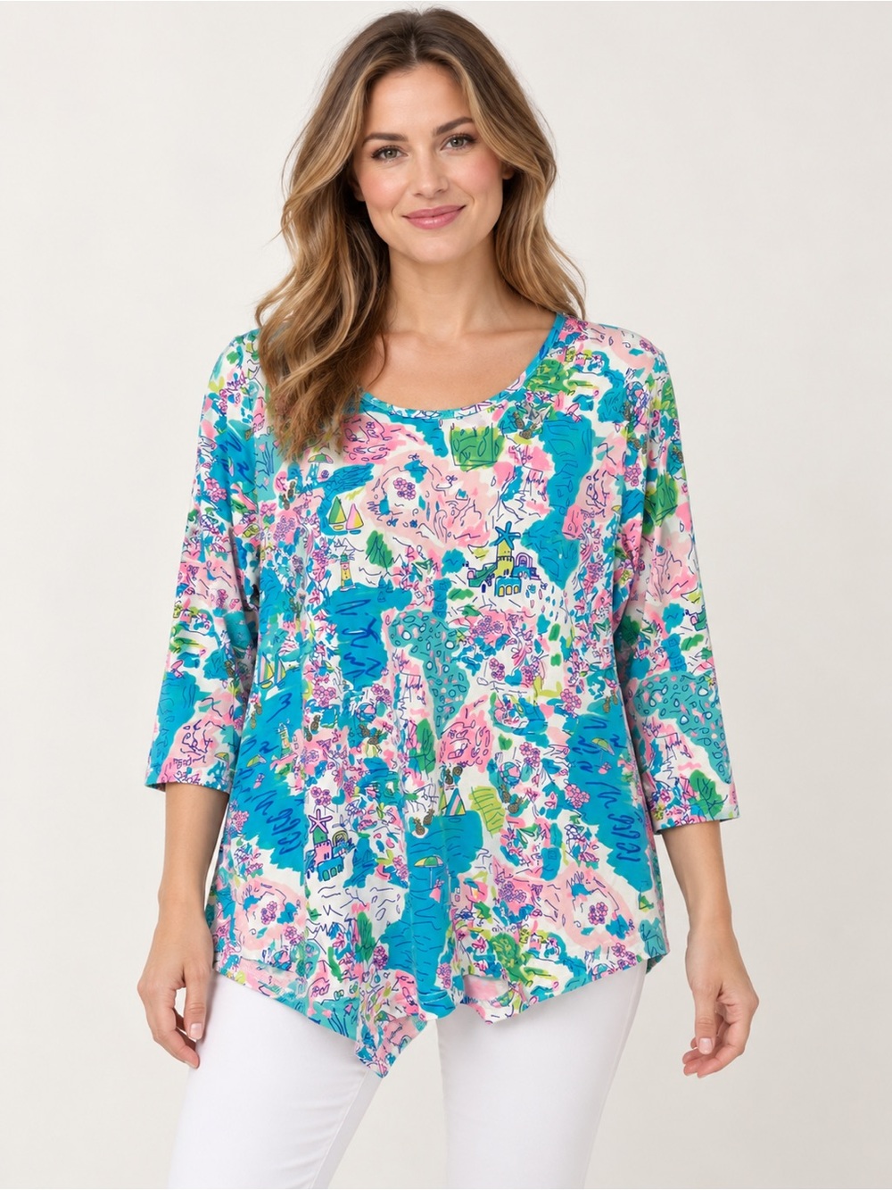 Lulu B Colorful Coastal Tropical Print 3/4 Sleeve Stretch Top Size M